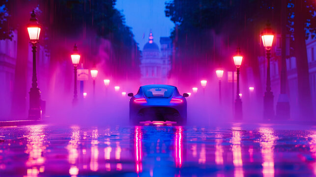 Fototapeta Dramatic cinematic shot of a vintage car on an empty road