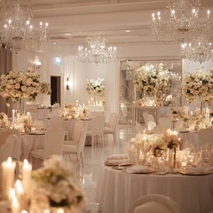 Elegant wedding reception decor ideas white flowers chandeliers candles and table settings for luxury events