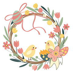 Adorable easter wreath spring flowers cute chicks eggs card birds bunny yellow pastel floral nature