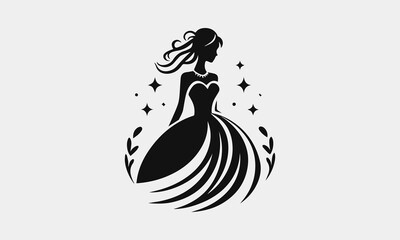 Vintage lace wedding dress vector logo with floral embellishments for wedding planners