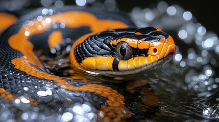 Close-up of orange and black snake in water; bokeh background