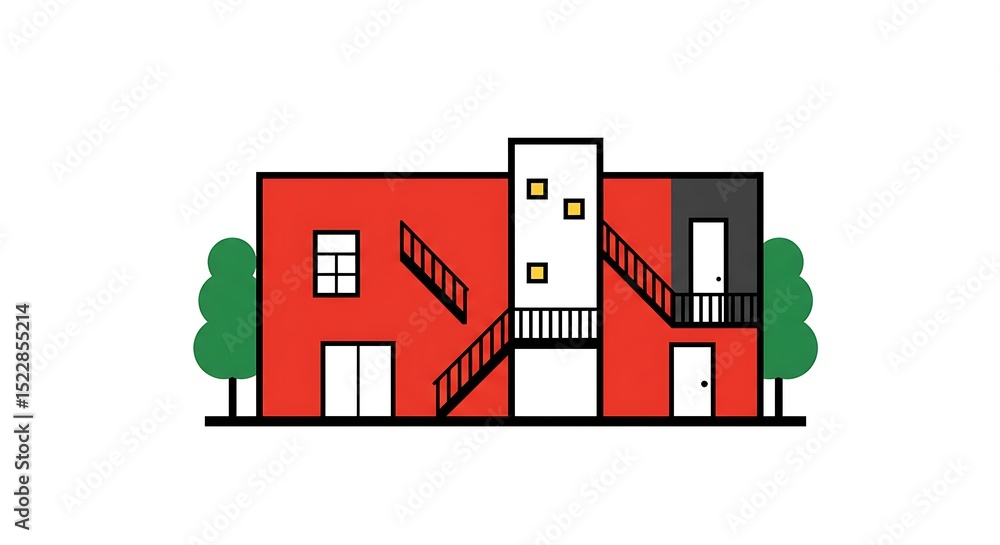 Poster drawing of apartment building with staircases and trees