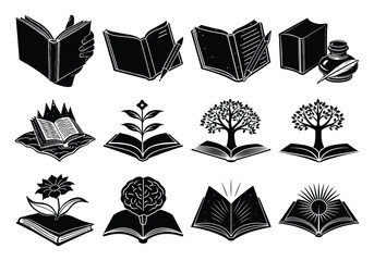 Silhouette Open book with object set vector illustration on white background,