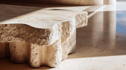 Elegant natural Travertine table in sunlit minimalist interior design