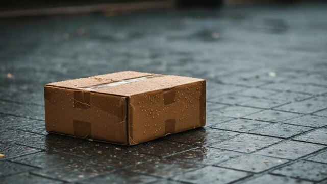 Damp cardboard package sits outside