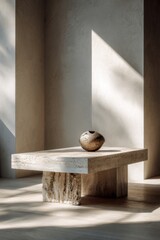Minimalist interior design with a stone table and ceramic vase in sunlit room