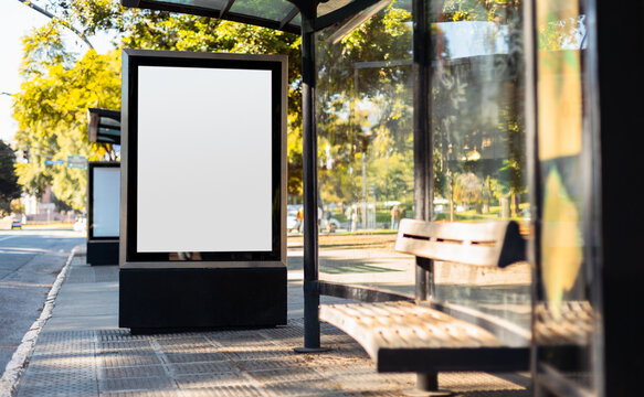 A vertical blank billboard at a bus stop shelter in Buenos Aires, Argentina along Libertador avenue in autumn. Copy space poster into a lightbox to display advertising content.
