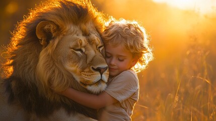 Child embraces lion in glowing golden light at sunset in a serene natural setting