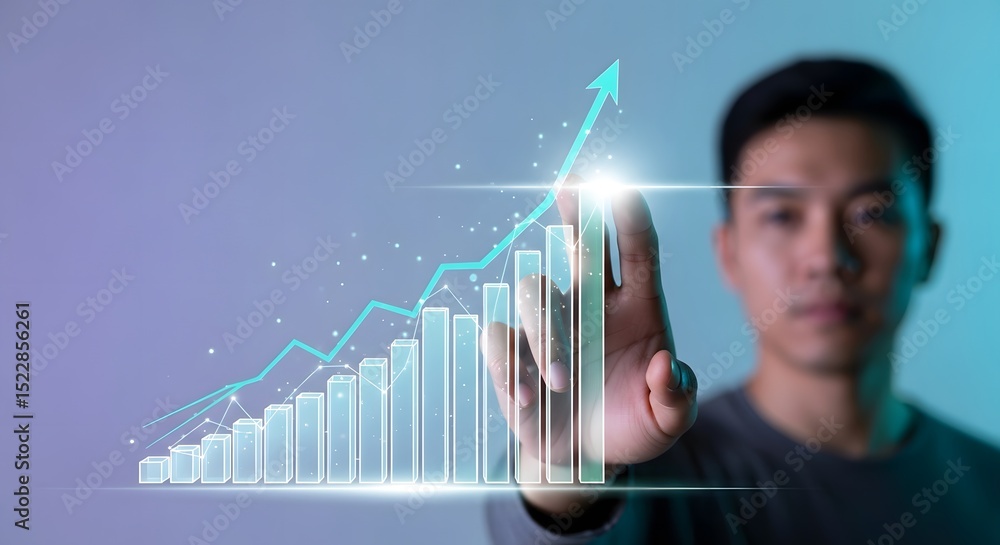 Aufkleber man interacting with growing business graph financial success and data visualization