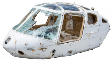 Showing an abandoned cockpit with shattered glass. Highlighting themes of decay. Destruction. And the passage of time. Isolated on a transparent background for easy integration into various projects
