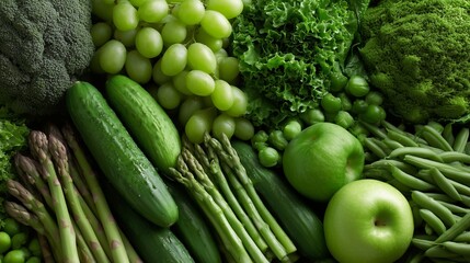 Fresh green vegetables and fruits including cucumber grapes broccoli. AI generated