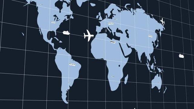 World map with planes, ships, buses, trains. Global transportation or travelling 3d animation concept on dark blue background. Shipping and worldwide logistics idea, modern minimalistic flat design.