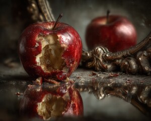 conceptual apple visual Half-eaten Red Apple Reflected in Vintage Mirror with Shattered Glass minimal apple layout fantasy apple symbolism