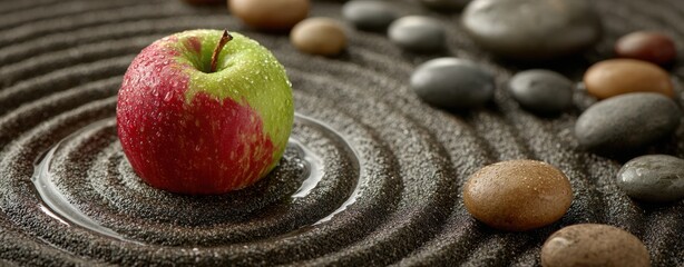 conceptual apple visual Fresh Apple Surrounded by Smooth Stones in Zen Garden Setting minimal apple layout fantasy apple symbolism