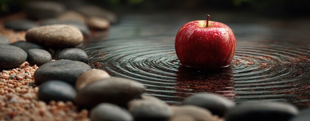 conceptual apple visual Fresh Red Apple Surrounded by Stones on Calm Water Surface minimal apple layout fantasy apple symbolism