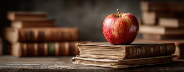 conceptual apple visual Apple Sitting on Vintage Books in Cozy Study Environment minimal apple layout fantasy apple symbolism