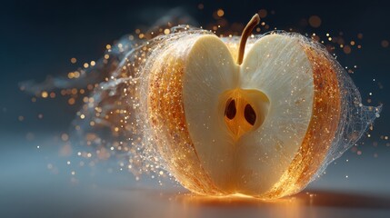 conceptual apple visual Glowing Apple with a Heart Core and a Magical Aura of Light minimal apple layout fantasy apple symbolism