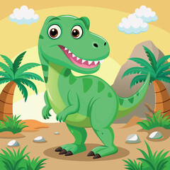 Naklejka premium Cartoon Green Tyrannosaurus Rex in a Desert Landscape Illustration with Palm Trees