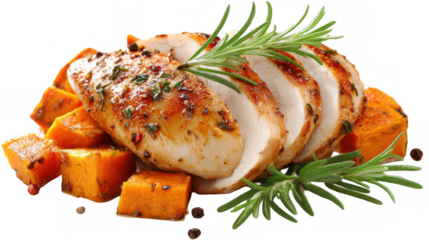 Sliced roasted chicken breast, seasoned with herbs and spices, paired with roasted pumpkin and fresh rosemary, presented on a transparent background