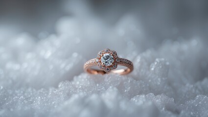 Obraz premium A beautiful ring isolated on a white background, surrounded by snow or ice, highlighting its elegance and sparkle.