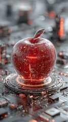 conceptual apple visual Glowing Red Apple on Circuit Board Displaying Digital Technology minimal apple layout fantasy apple symbolism