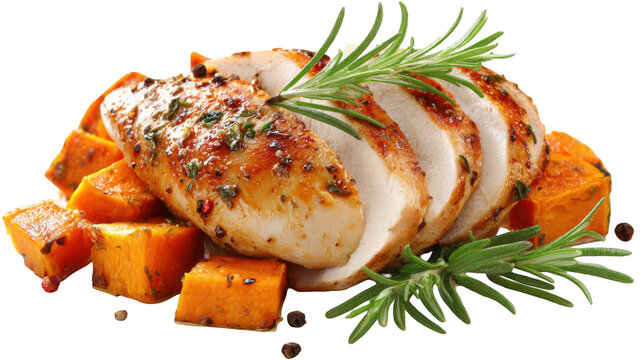 Sliced roasted chicken breast, seasoned with herbs and spices, paired with roasted pumpkin and fresh rosemary, presented on a transparent background