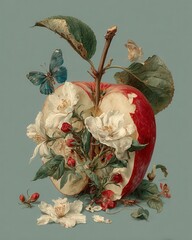 conceptual apple visual Vibrant Apple Composition with Floral Accents and Butterfly Detail minimal apple layout fantasy apple symbolism