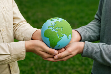 Hands Holding Earth Model Representing ESG Collaboration