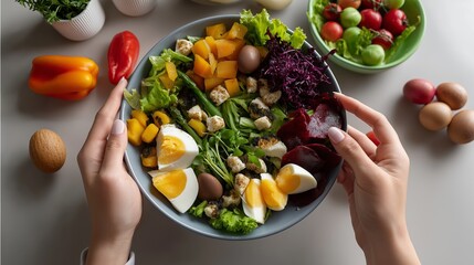 Healthy breakfast bowl being prepared with fresh ingredients. Fresh colors. AI generated