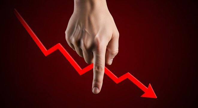 Hand Pointing at Decreasing Red Arrow Graph Stock Market Decline, Economic Downturn Concept