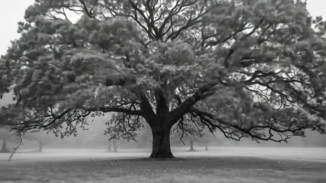Majestic oak embraces misty meadow landscape