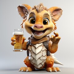 A cheerful dragon mascot, holding a glass of beer, celebrating St. Patrick's Day, Commercial advertising product photography concept.