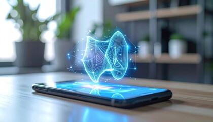 Abstract glowing blue form levitates above lit smartphone screen