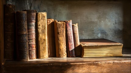 Antique books on a wooden shelf, radiating timeless wisdom and scholarly charm