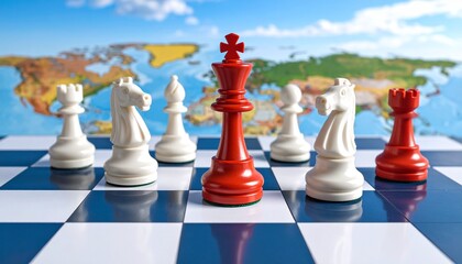 Red and white chess pieces on a black checkerboard with a world map in the background