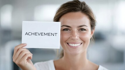 businesswoman career goal-setting. Smiling woman holds a sign that reads "ACHIEVEMENT" in a bright setting.
