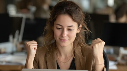 businesswoman career goal-setting. Woman celebrating success while working on a laptop in an office environment.