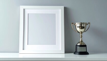 White framed picture, blank, next to gold-colored trophy against grey background on white table surface