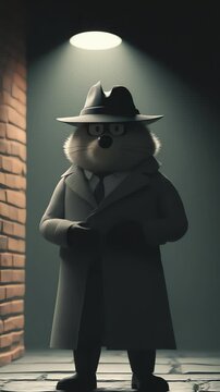 Character in a trench coat under a spotlight