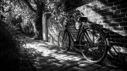 Fototapeta premium A vintage bicycle rests by a cobblestone wall, evoking timeless simplicity in monochrome.