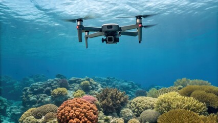 A drone hovers over a vibrant coral reef in clear blue ocean waters, capturing stunning underwater scenery.