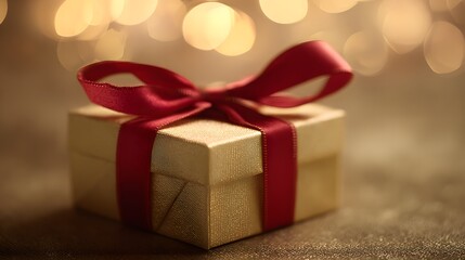 Golden gift box with red ribbon bow on velvet, evoking luxury and celebration