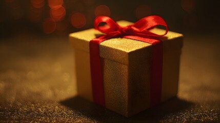 Golden gift box with red ribbon bow on velvet, evoking luxury and celebration