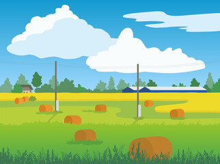 Haystacks in the field rural scenery. Agriculture farmland peaceful environment. Summer countryside tourism. Beautiful nature landscape rustic view. Clouds in blue sky background. Vector illustration.