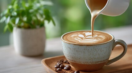 Latte art poured into ceramic mug with coffee beans design. AI generated.