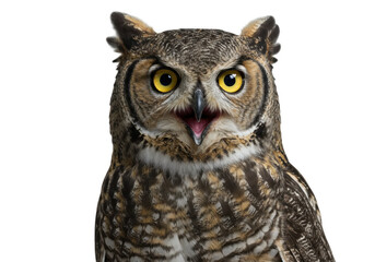 Fototapeta premium Great horned owl with yellow eyes, transparent background