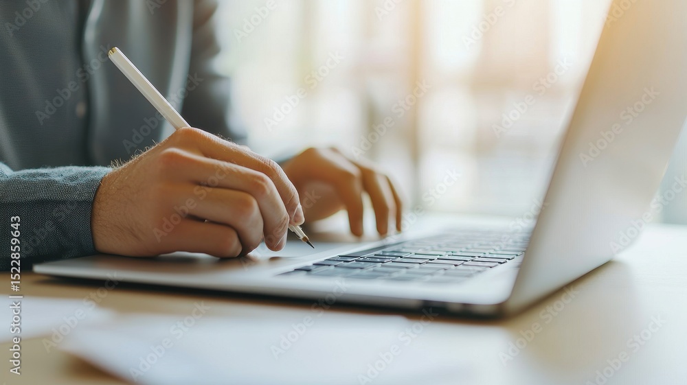 Poster a person writes in a notebook while using a laptop, suggesting productivity, study, or remote work i