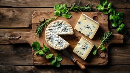 Alpine Blue Cheese on a rustic wooden board, overhead view.