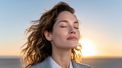 businesswoman career goal-setting. Serene woman with closed eyes enjoying a sunset ambiance.