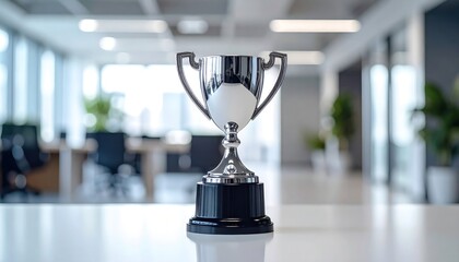 Trophy on white table, shiny silver cup, success symbol in office